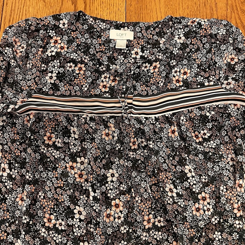 Loft Floral Tunic Blouse Long Sleeve Tie Front Sheer Boho Romantic Blk Pink Sm